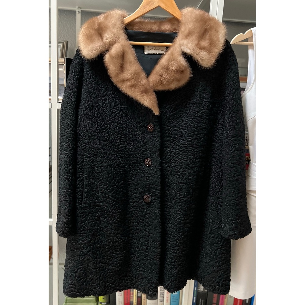 Vintage Black Persian Curly Lambs Wool Coat w Mink Collar